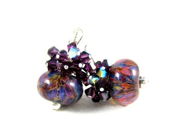 Purple Glass Drop Earrings, Dark Purple Crystal Earrings, Boro Lampwork Earrings, Sparkling Earrings, Cluster Earrings - Fruit Punch