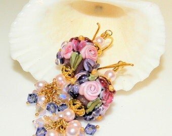 Handmade Lampwork beads,Vermeil Gold and Swarovski Crystal and pearl Earrings