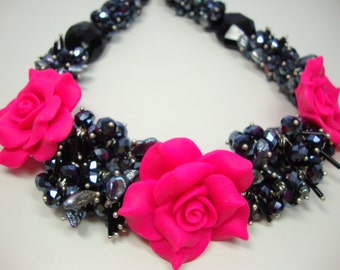 Black Crystals & Freshwater Pearls Necklace with Hot Pink Roses Bridal Bridesmaid Wedding Jewelry