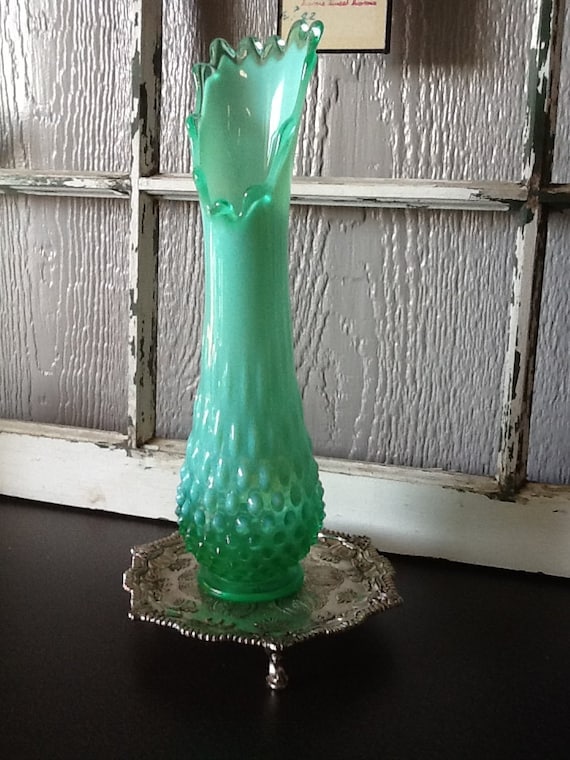 Vintage Fenton Green Opalescent Hobnail Swung Vase