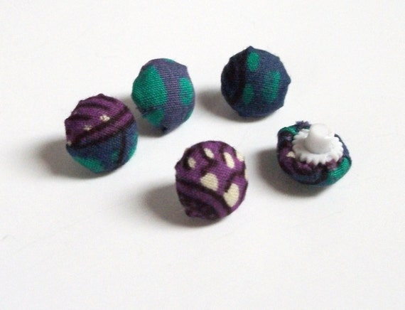 5 Small Blue and Purple African Fabric Buttons