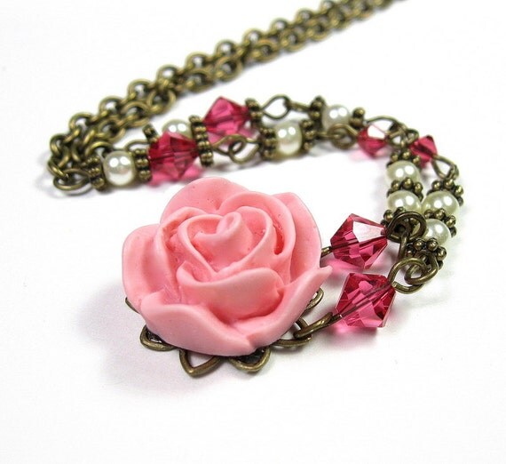 Vintage Style Flower Necklace, Swarovski Crystals, Pink Resin Rose, Womens Accessories, Fashion Jewelry, Gifts for Her