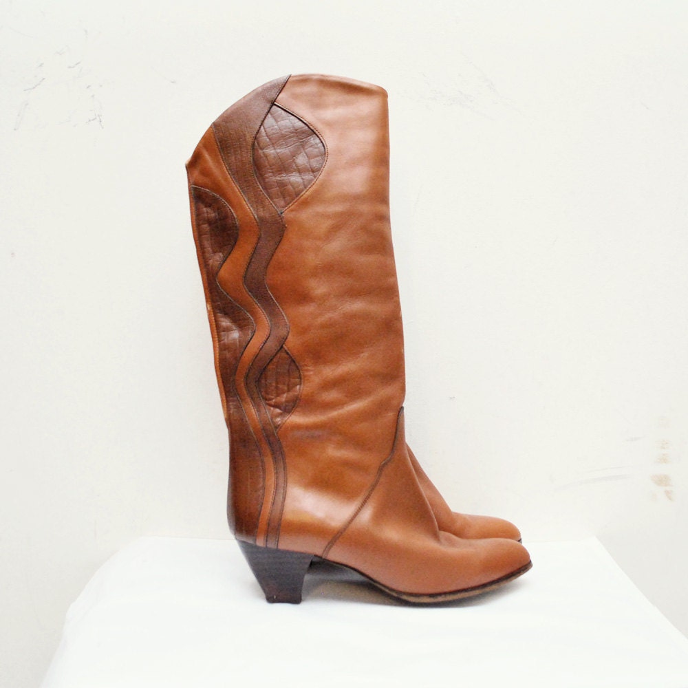 80s ochre brown leather TALL boots with by retrospectrovintage