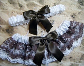 Brown White Satin Lace Double Ruffle Wedding Garter Bridal Set