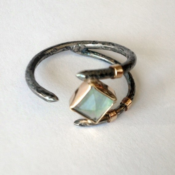 Claw Ring with Apatite Stone in Sterling Silver and 14K Gold