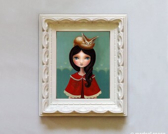 Girl and fox print red heart capelet big eyed blue green fennic fox , Rose print on Somerset velvet by Marisol Spoon
