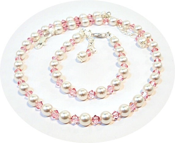 Girls Pearl Necklace and Bracelet Pink Flower Girl Dressy