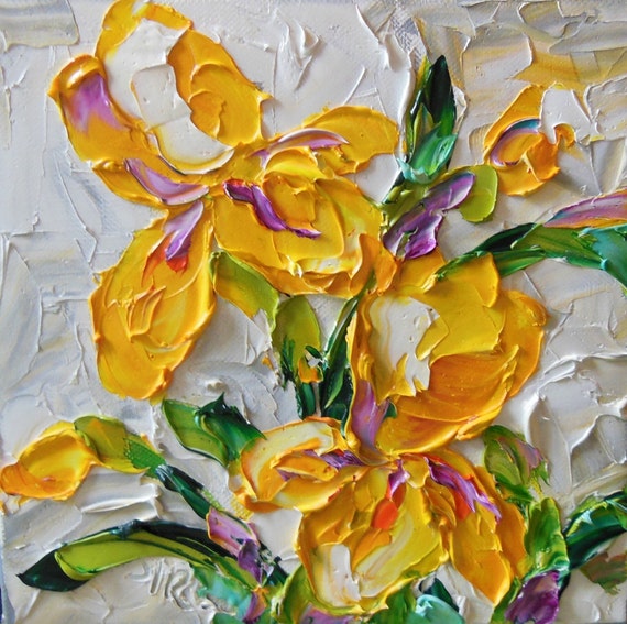 Original Oil Painting Bright Yellow Iris by IronsideImpastos