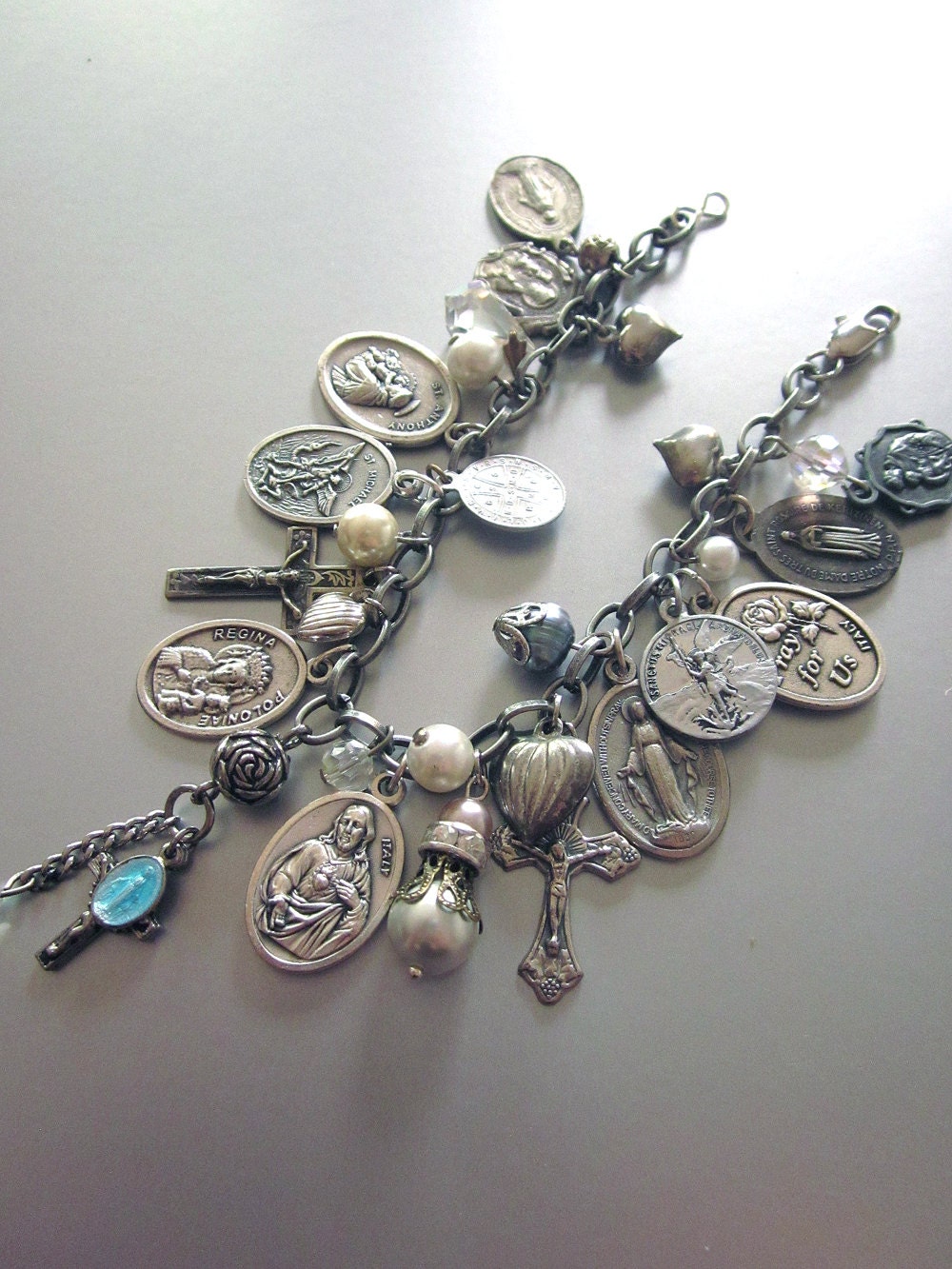 Religious Charm Bracelet with Crosses and Pearls