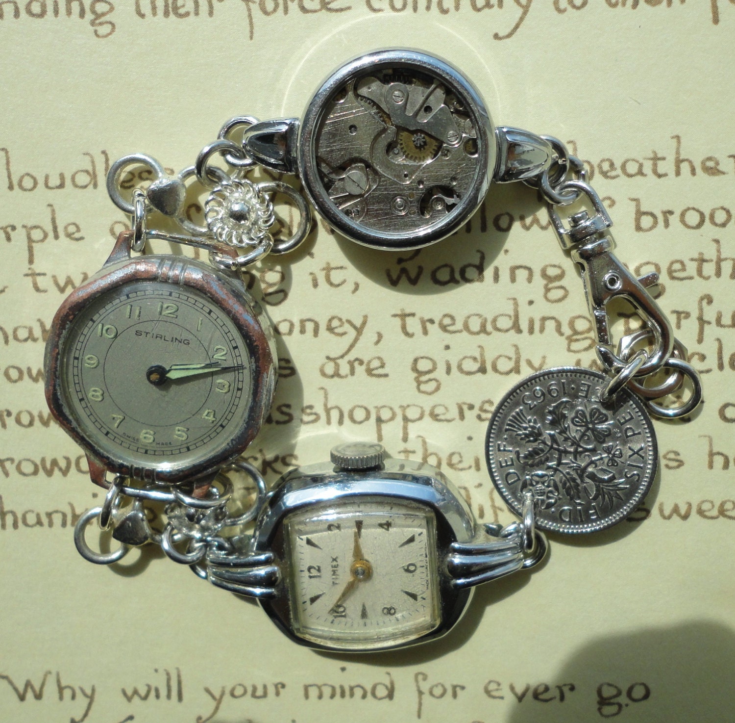 Handmade Recycled Vintage Watches Bracelet with Silver