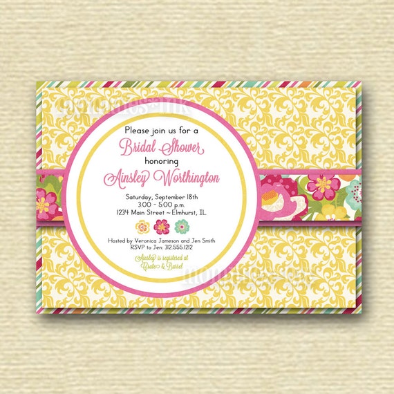 Shabby Chic Yellow Damask and Spring Flowers Bridal Shower Invite - PRINTABLE INVITATION DESIGN Il_570xn