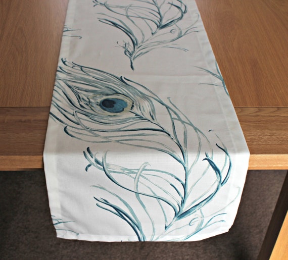 Table runner blue peacock feather 14 inch wide length by VeeDubz