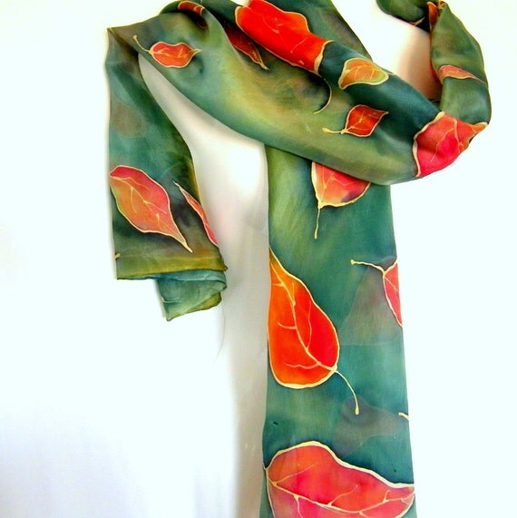 Green Silk Scarf Hand Painted Silk Scarf Leaves Scarf