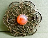 Vintage Brooch Pendant Agate Cabachon Sterling Filigree with Gold Wash, 925 Israel