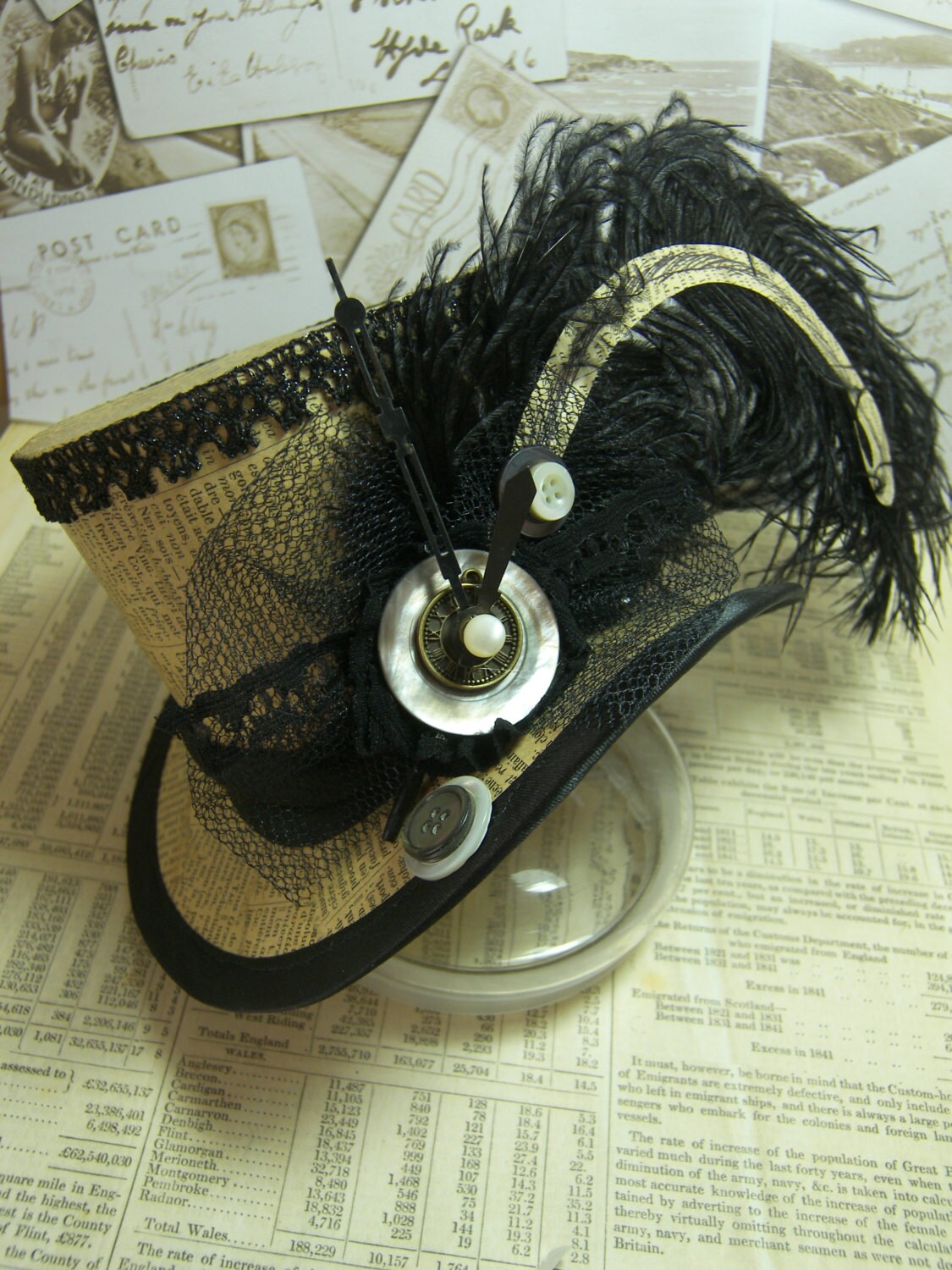 The Timeless Classic - decoupage mini top hat made with antique paper and vintage trimmings