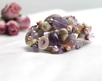 Shabby Chic Bracelet Macramé Amethyst Fluorite Lavender Lilac Wearable Fiber Art Jewelry Freeform Violet February Birthstone Mother's day