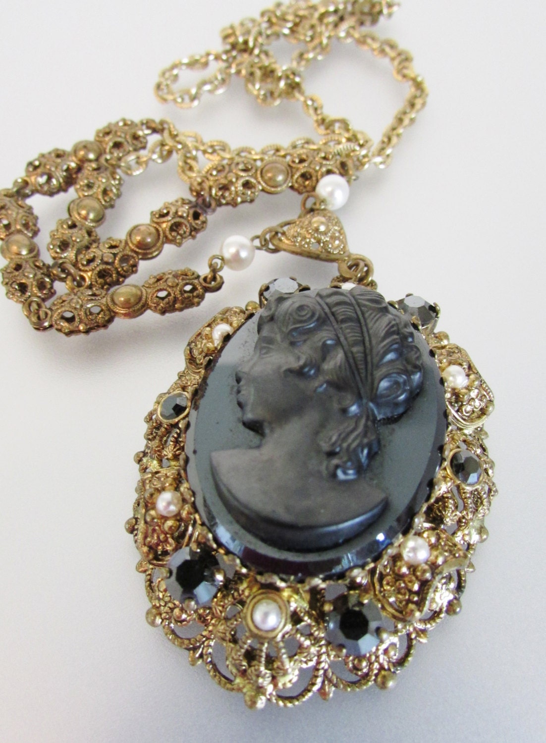 Vintage Signed West Germany Black Glass Cameo Pendant Necklace