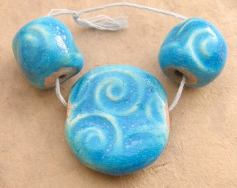 Raku Ceramic Beads - Focal Set of Turquoise Spiral Puffed Coins