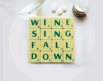 Wine Sing Coaster, upcycled scrabble tiles, cork backing, wedding gift, wine lover Valentine's gift