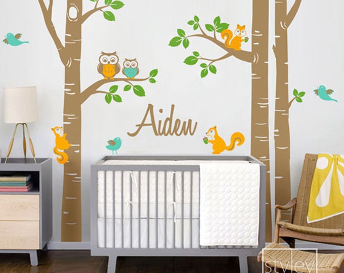 Birch Trees Wall Decal for Nursery, Birch Trees and Personalized Name Decal, Forest Animals Owls Squirrels Birds Baby Room Decor Wall Decal