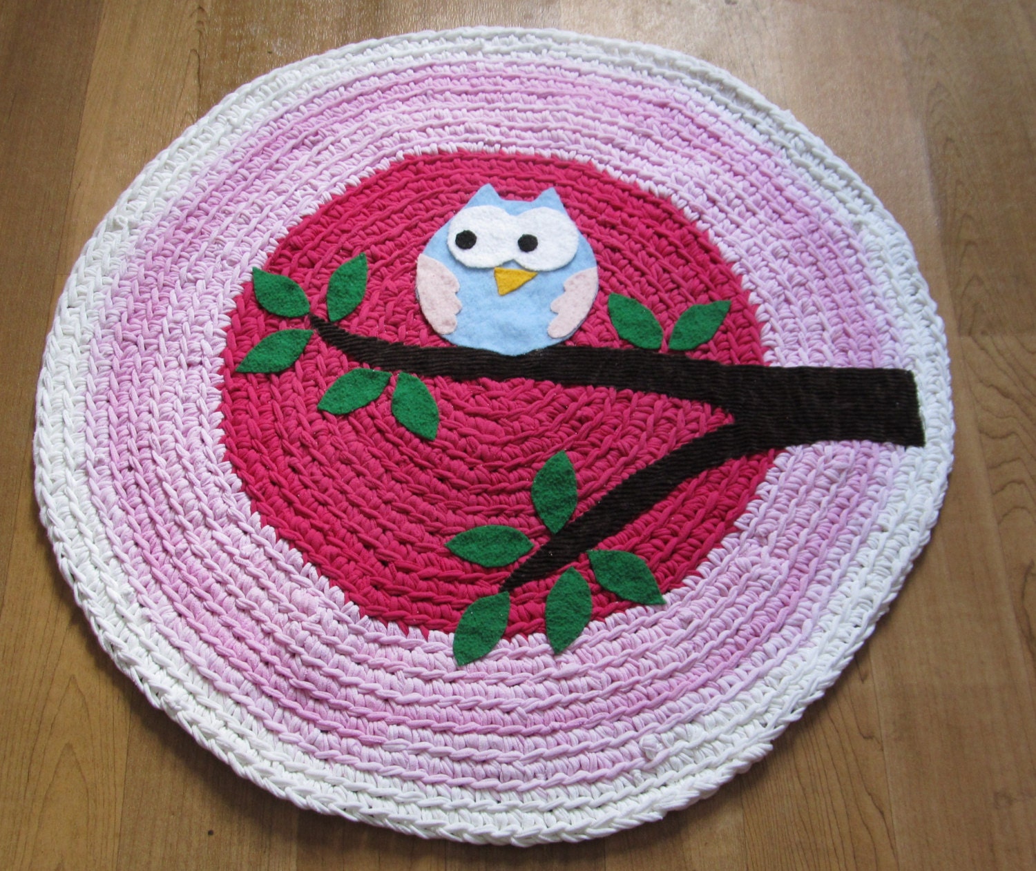 OOAK Upcycled Crochet Round Rug. Owl Rug. Nursery Rug. Made to