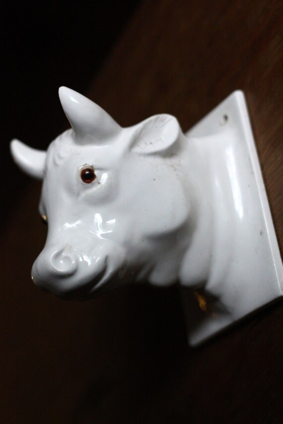 Ceramic Milk Cow Head Apron Towel Holder White Japan