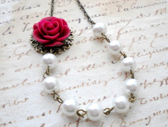 Flower Necklace Maroon Rose Choker Necklace One Strand White