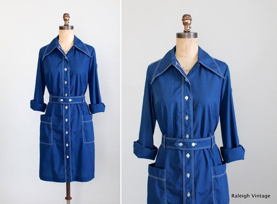 Vintage 1970s Dress : 70s Blue Shirt Dress by RaleighVintage