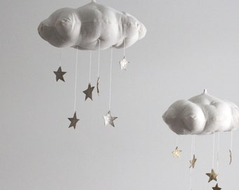 Silver Star Cloud Mobile- modern fabric sculpture for baby nursery decor in white linen and metallic faux silver leather- Free US Shipping