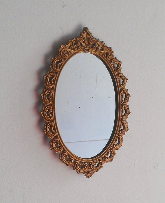 Vintage Gold Oval Mirror in Metal Filigree Frame 8 by 5 Inches