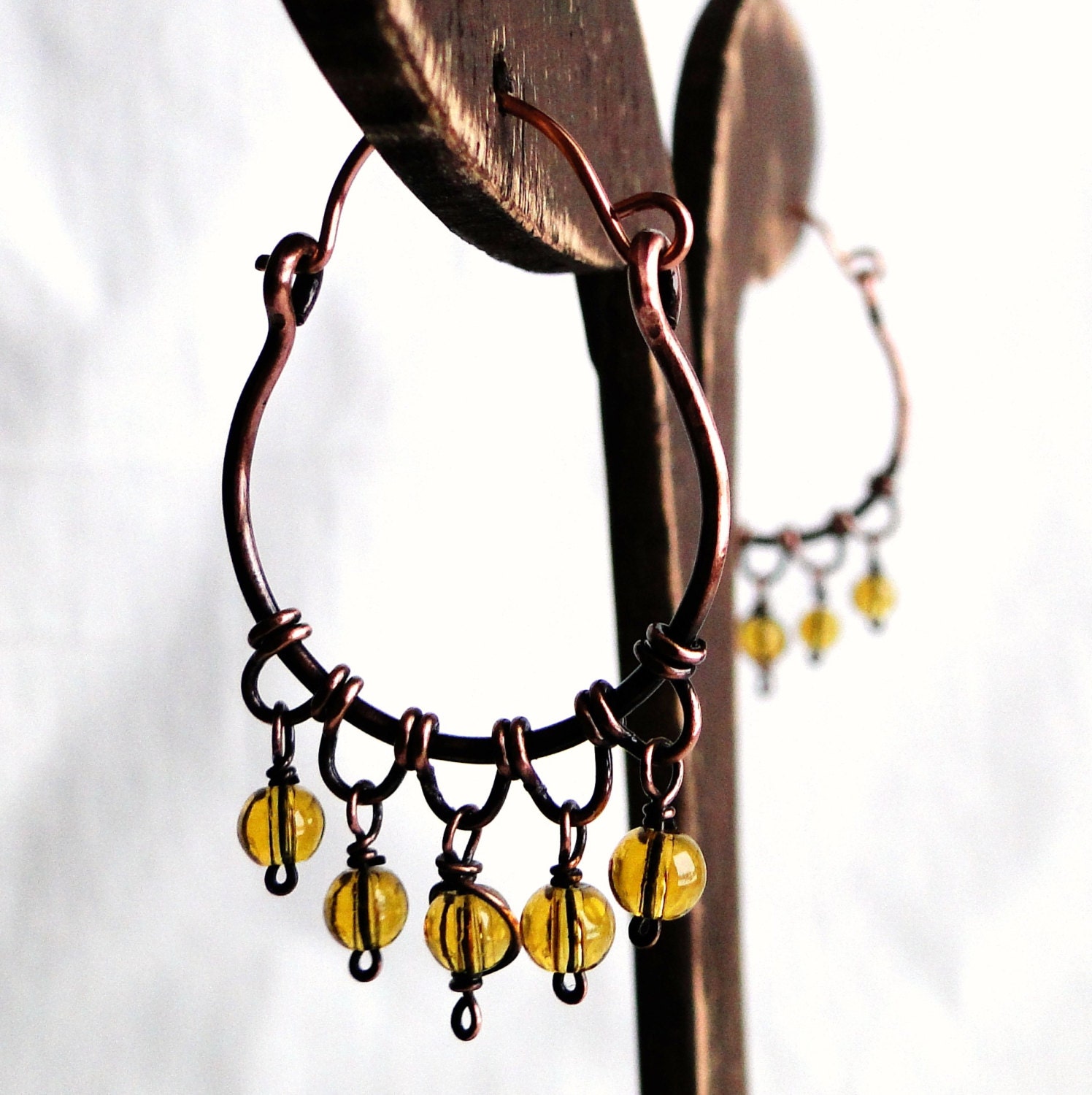 Hoop Earrings Antiqued Copper Jewelry Mustard Yellow Glass
