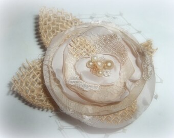 Wedding Fascinator, Champagne Hair Clip, Burlap Wedding, Floral Hair Clip, Bridal Hair Clip, Boho Wedding, Rustic Wedding, Burlap Hair Clip
