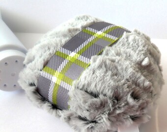 Body Powder Duster - gray and plaid - masculine - grey powder puff for Men - faux chinchilla - gift box option