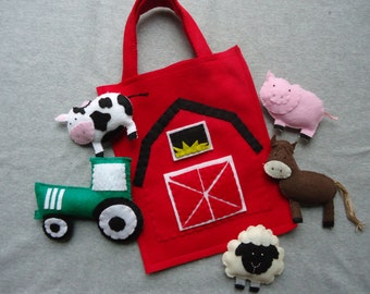 Farm Animal Stuffed Toys with Barn Bag, Includes a Cow, Horse, Sheep, Pig and Tractor