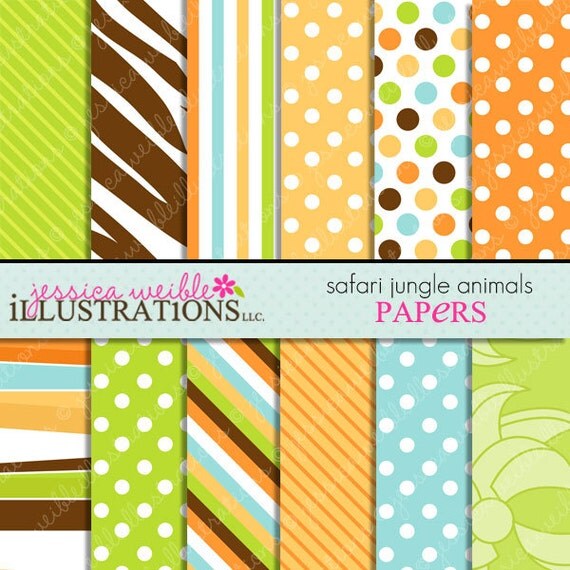 Safari Jungle Animals Cute Digital Backgrounds for Card Design, Scrapbooking, and Web Design Il_570xn