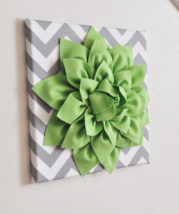Items similar to Wall Flower Chartreuse Green Dahlia on Gray and White Chevron 12 x12" Canvas