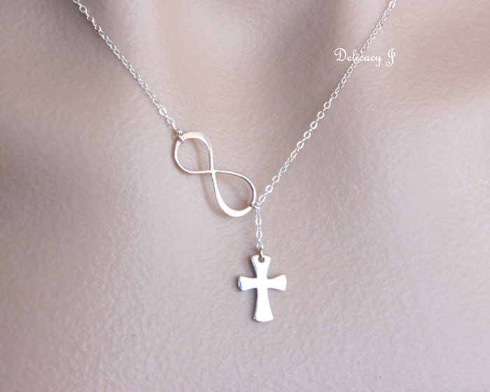 Cross and infinity lariat necklace in Sterling Silver
