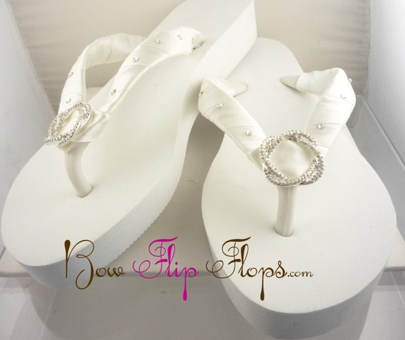 Bridal Flip Flops Ivory Wedge Wedding Flip Flops White Bow Flat ...