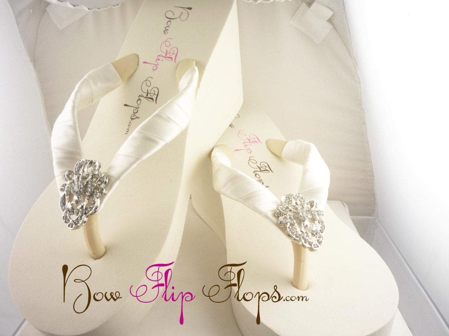 Bridal Wedge Flip Flops Ivory Lace Rhinestone by BridalFlipFlops