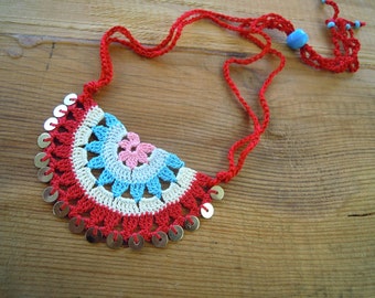 crochet necklace, red,cream,turquoise,blue,pink, sequines