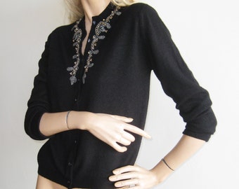 Vintage 50s Black Orlon Beaded Pin Up Girl Mad Men Cardigan Sweater