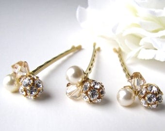 Bridal Hair Pins Cream Ivory Crystal Pearl Clusters, Set of 3