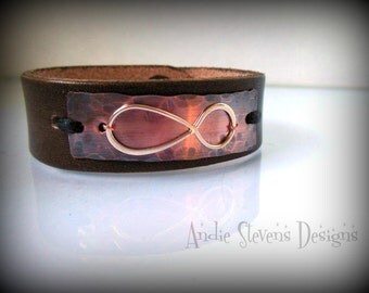 Leather Cuff Bracelet - Copper and Sterling Infinity Design - Rustic Finish - Unisex