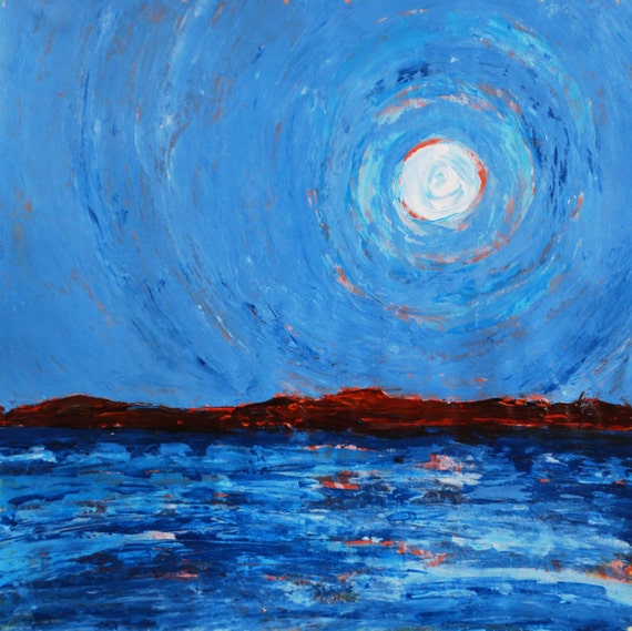 SALE painting of full moon over the lake night by watermediaworks