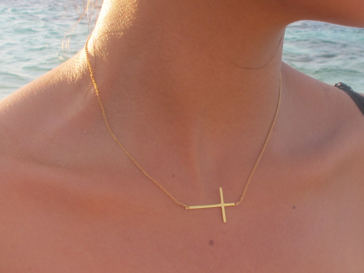 Long Skinny Gold Sideways Cross Necklace 18k Gold Sideways 4151