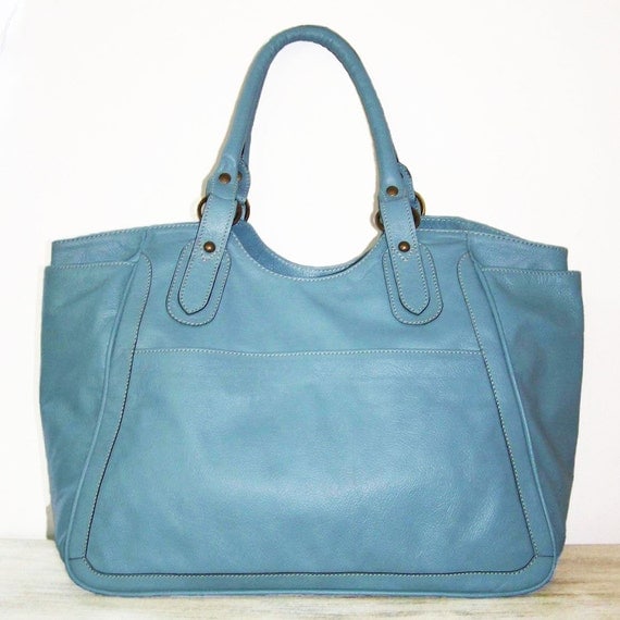 Light Blue Leather ToteBag Handbag Julia xl