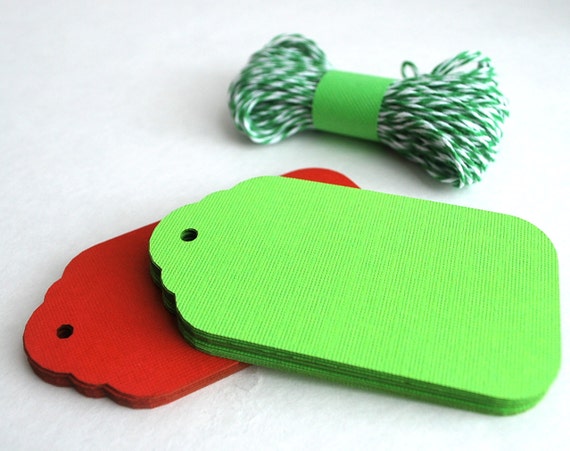 24 Christmas TAGS, Christmas Gift red and lime Cardstock tags and Twine A857 Il_570xn