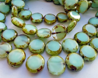 1 Strand of 15 Czech Glass Flat Round Disc Beads in Pastel Mint Green Opal with Picasso Edges Size 11mm
