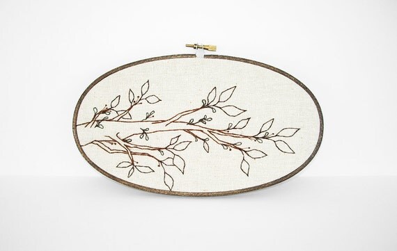 Hand Embroidery Tree Branch with Leaves in Brown and Natural Tan. Botanical Embroidery Hoop Art 5"x9" Fiber Art Wall Hanging