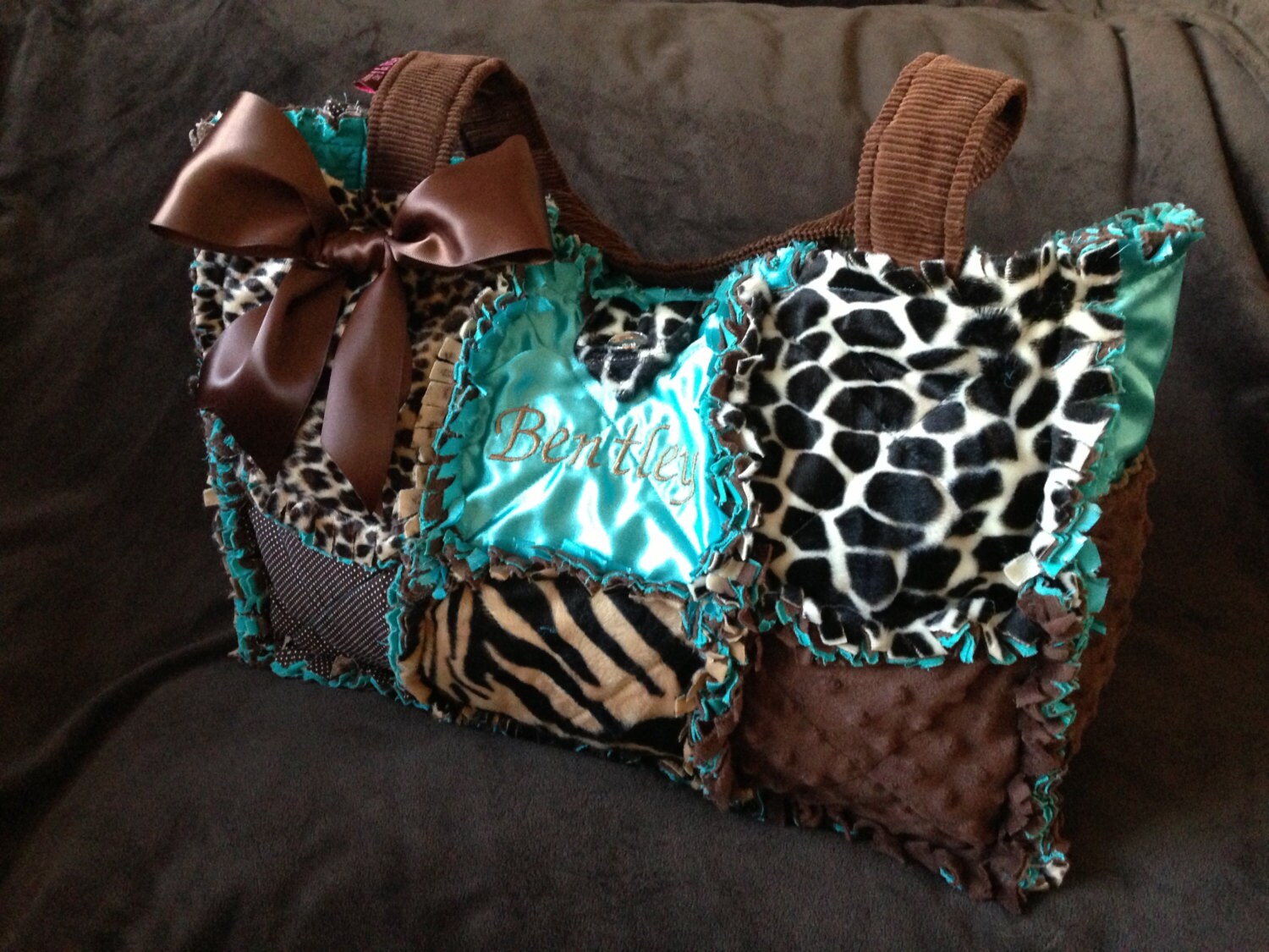 Custom Rag Quilted Diaper bag for Girl or Boy Teal Leopard
